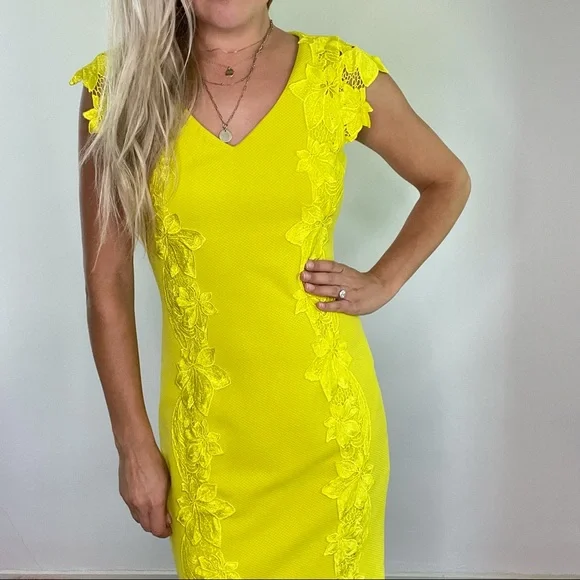 Badgley Mischka Chartreuse Yellow Lace Dress sz 4 - Picture 5 of 14